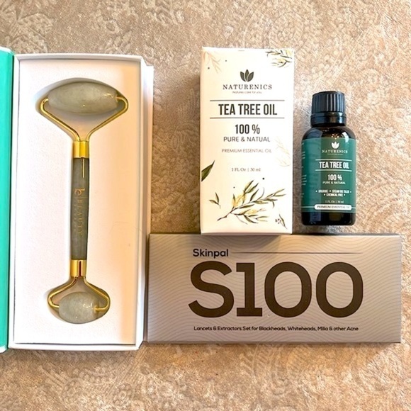 Brand New Skincare Set Tea Tree Oil Jade Facial Roller Acne Extraction Tool Kit - Picture 1 of 16